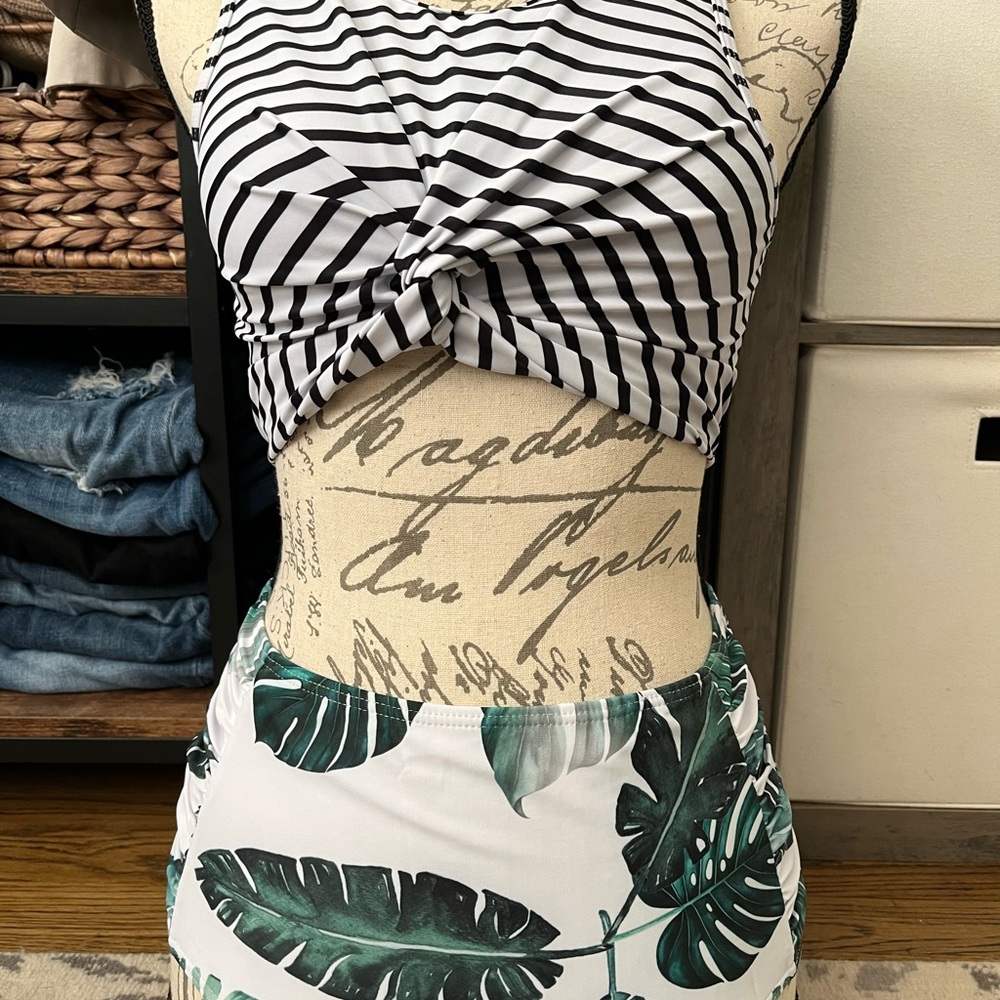Striped Halter Top with Leaf Print Skirt
